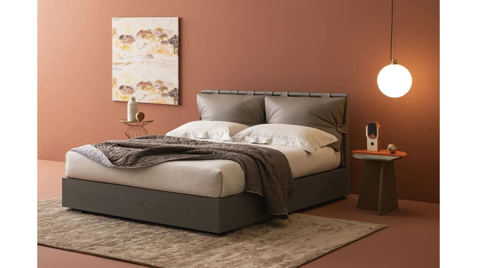 Letto con box contenitore Dual Legno con testiera in pelle di Oggioni