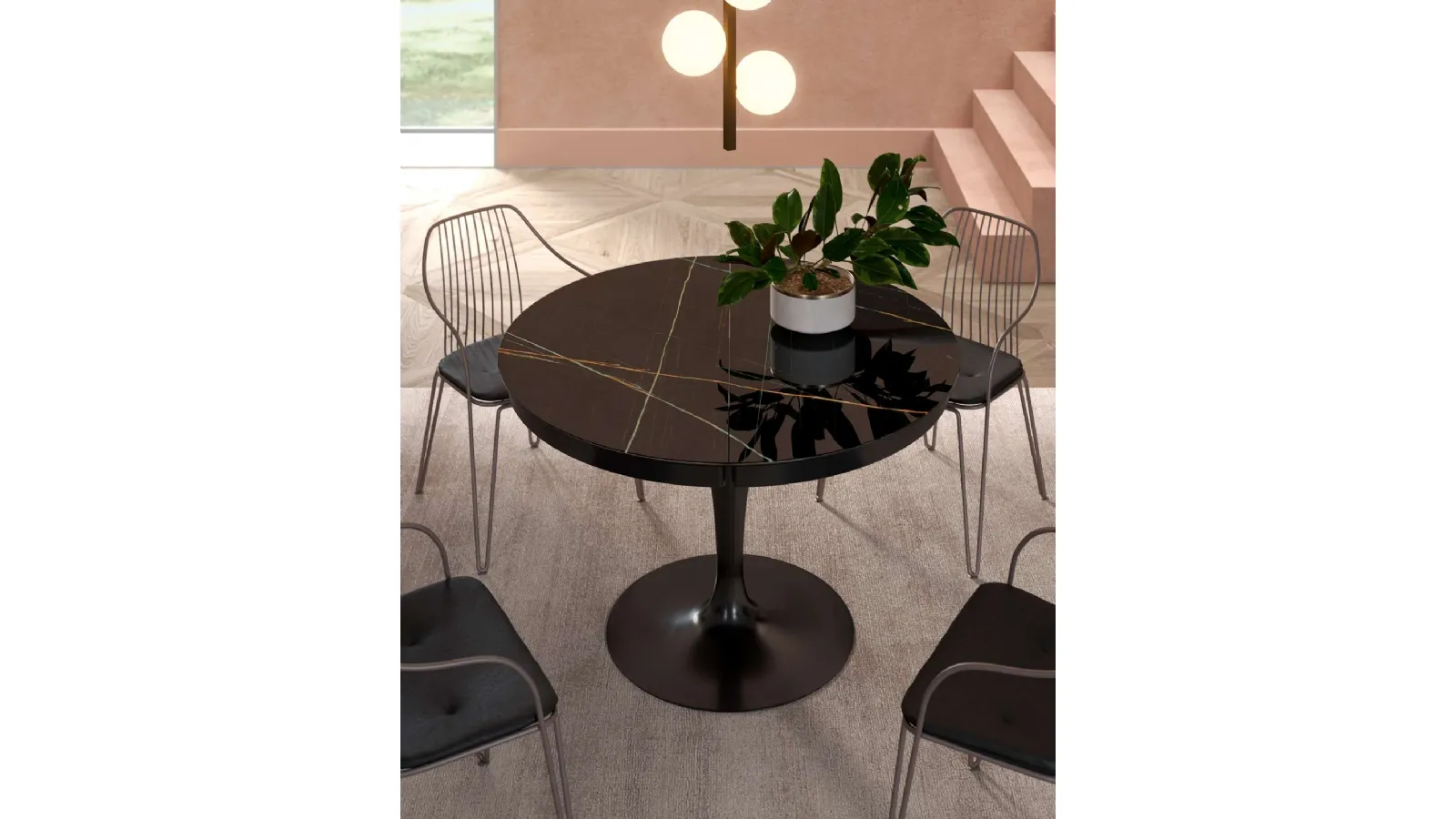 Tavolo rotondo allungabile Eclipse con top in marble glass Sahara Noir Lucido di Ozzio