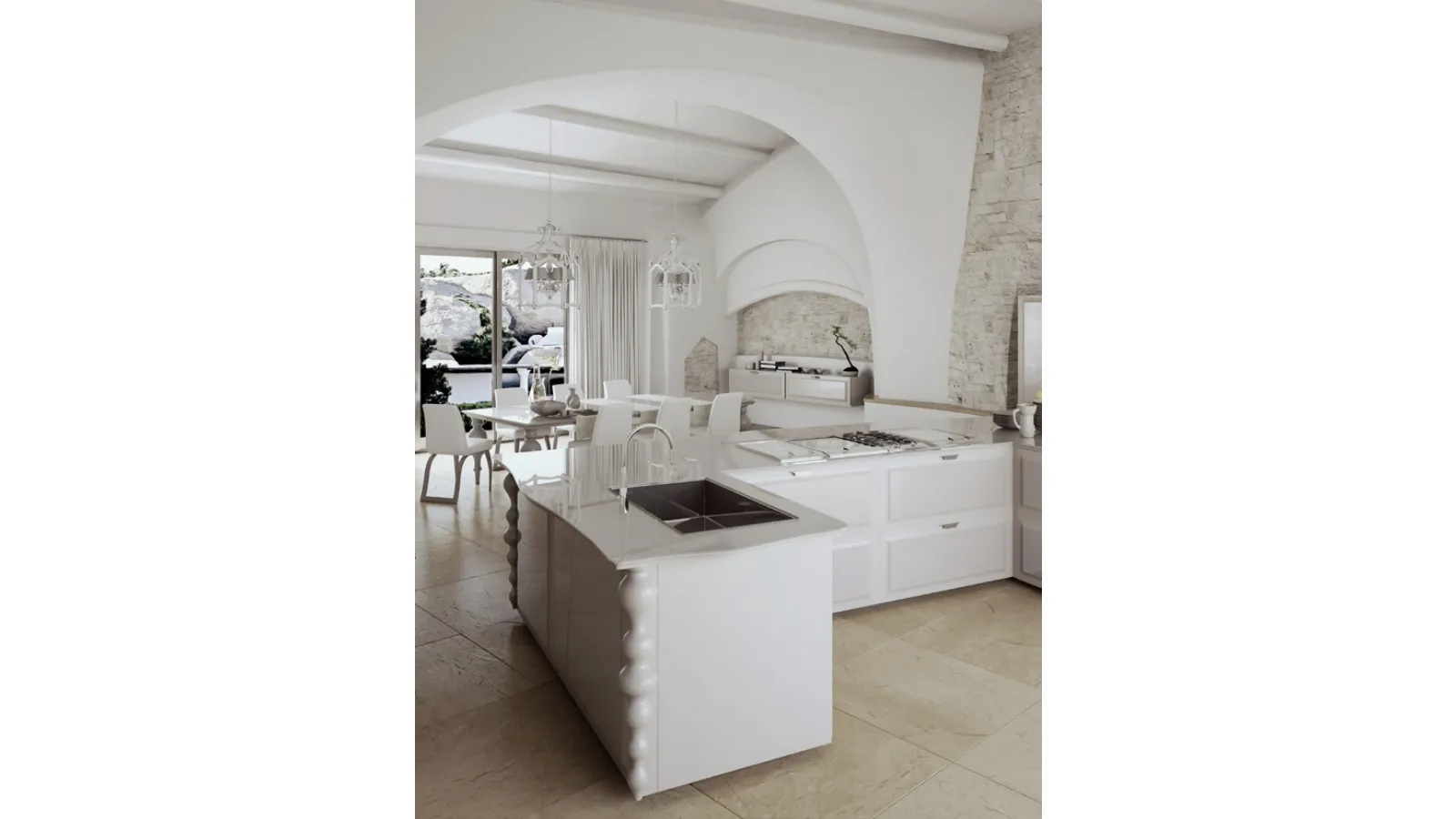 Cucina Classica con penisola Diamond 07 in laccato opaco con top in vetro di Scic