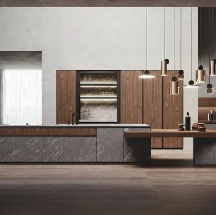 Cucina Design con isola in hpl finitura pietra Alicante e Noce Canaletto Avola di Binova