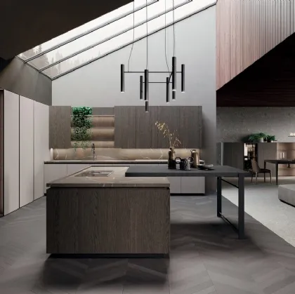 Cucina Design con isola e penisola in rovere grigio e bilaminato pietra piasentina Bluna Legno di Binova