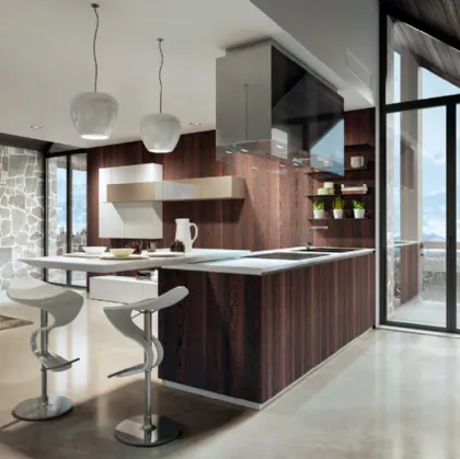 Cucina Design con penisola Mediterraneum in finitura Rovere bruciato e top in laccato Bianco lucido di Scic