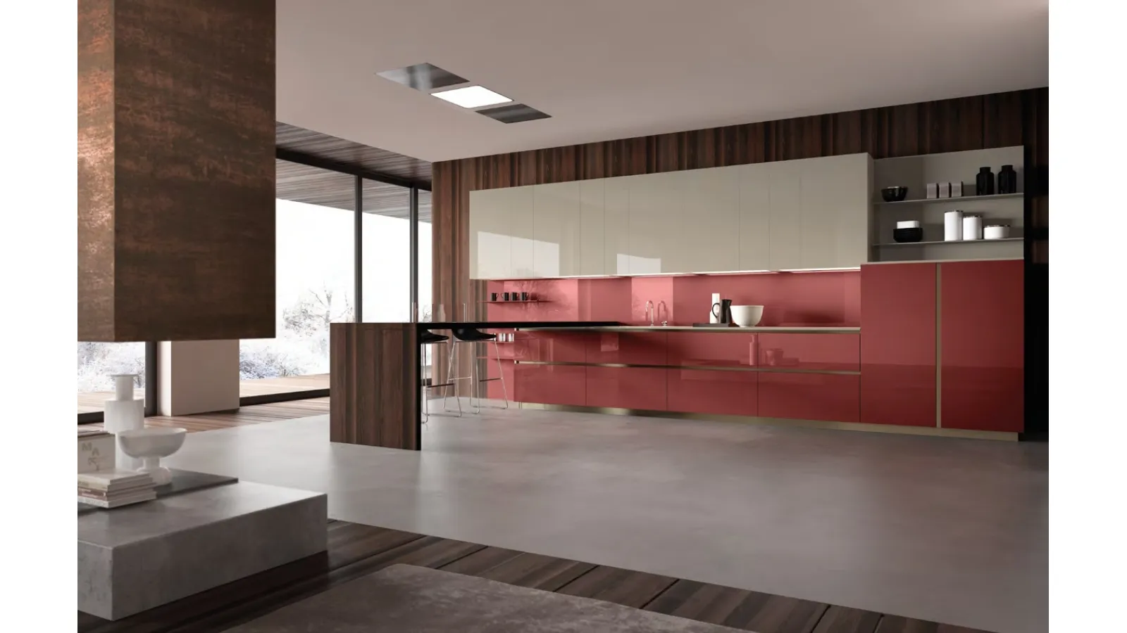 Cucina Design con penisola Mediterraneum in Vetro Laccato lucido Melograno di Scic