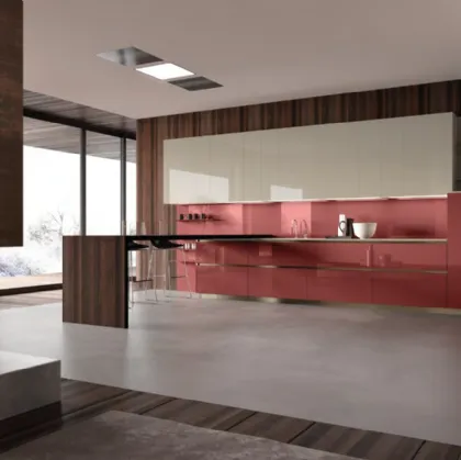 Cucina Design con penisola Mediterraneum in Vetro Laccato lucido Melograno di Scic