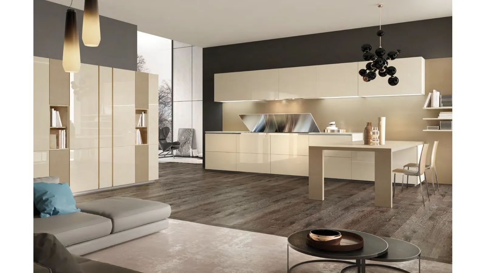 Cucina Design con penisola Mediterraneum in Laccato lucido Crema di Scic