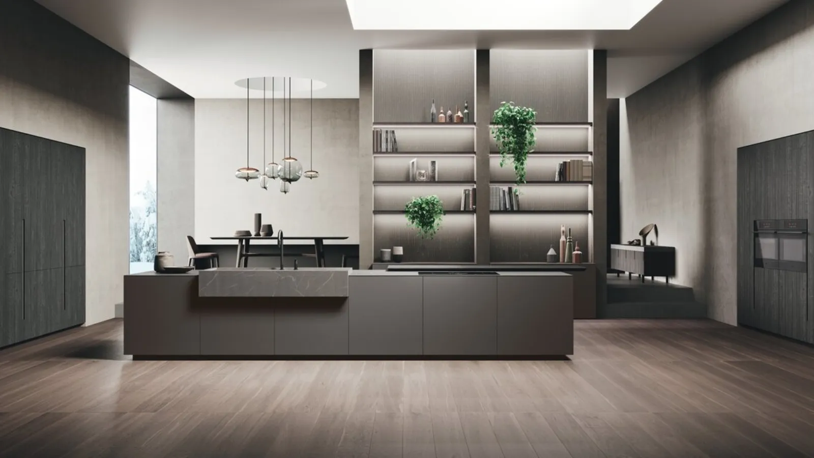 Cucina Design con isola Vogue Legno in laccato opaco, gres e rovere di Binova