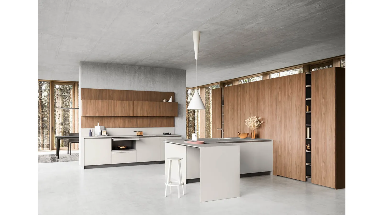 Cucina Moderna con penisola Anice 01 finitura Fenix Grigio Efeso e Noce naturale di Valdesign