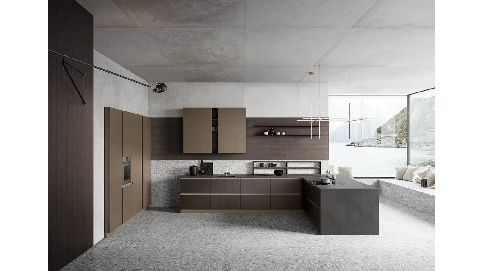 Cucina Moderna con penisola Anice 03 in Rovere Carbone, nobilitato Old Brass e Calce Nero di Valdesign