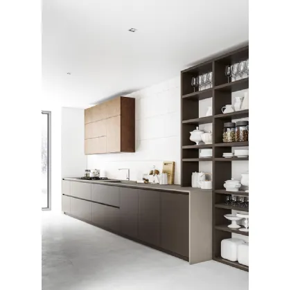 Cucina Moderna lineare Logica 04 in laccato opaco Fango e laccato opaco effetto metallo Rame brunito di Valdesign