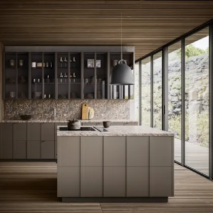 Cucina Moderna Maggiorana finitura laccato Fango Opaco con top in Marmo Emperador opaco di Valdesign