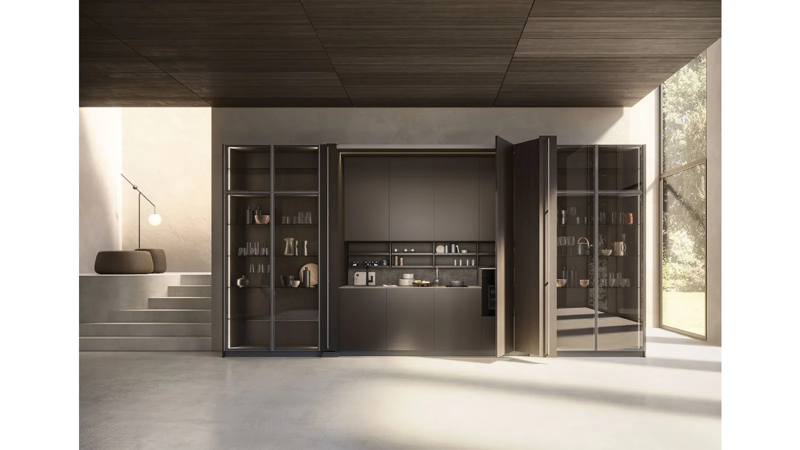 Cucina Moderna lineare a scomparsa in laccato con ante in rovere carbone Sesamo 02 di Valdesign