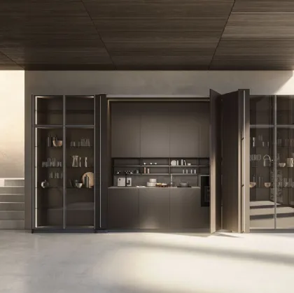 Cucina Moderna lineare a scomparsa in laccato con ante in rovere carbone Sesamo 02 di Valdesign