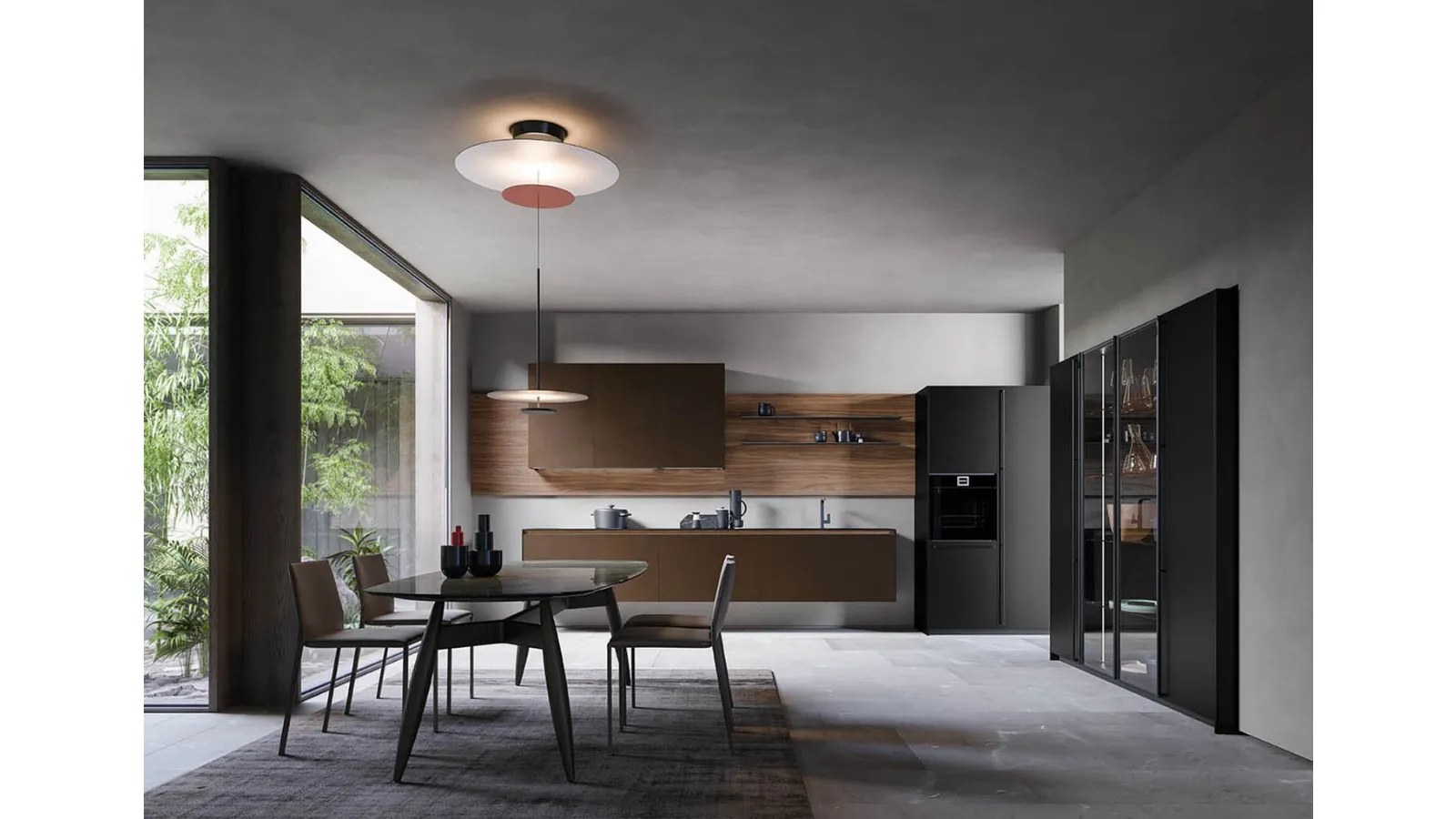 Cucina Moderna lineare Zafferano 01 finitura Aludust Ambra, Noce naturale e laminam Nero di Valdesign