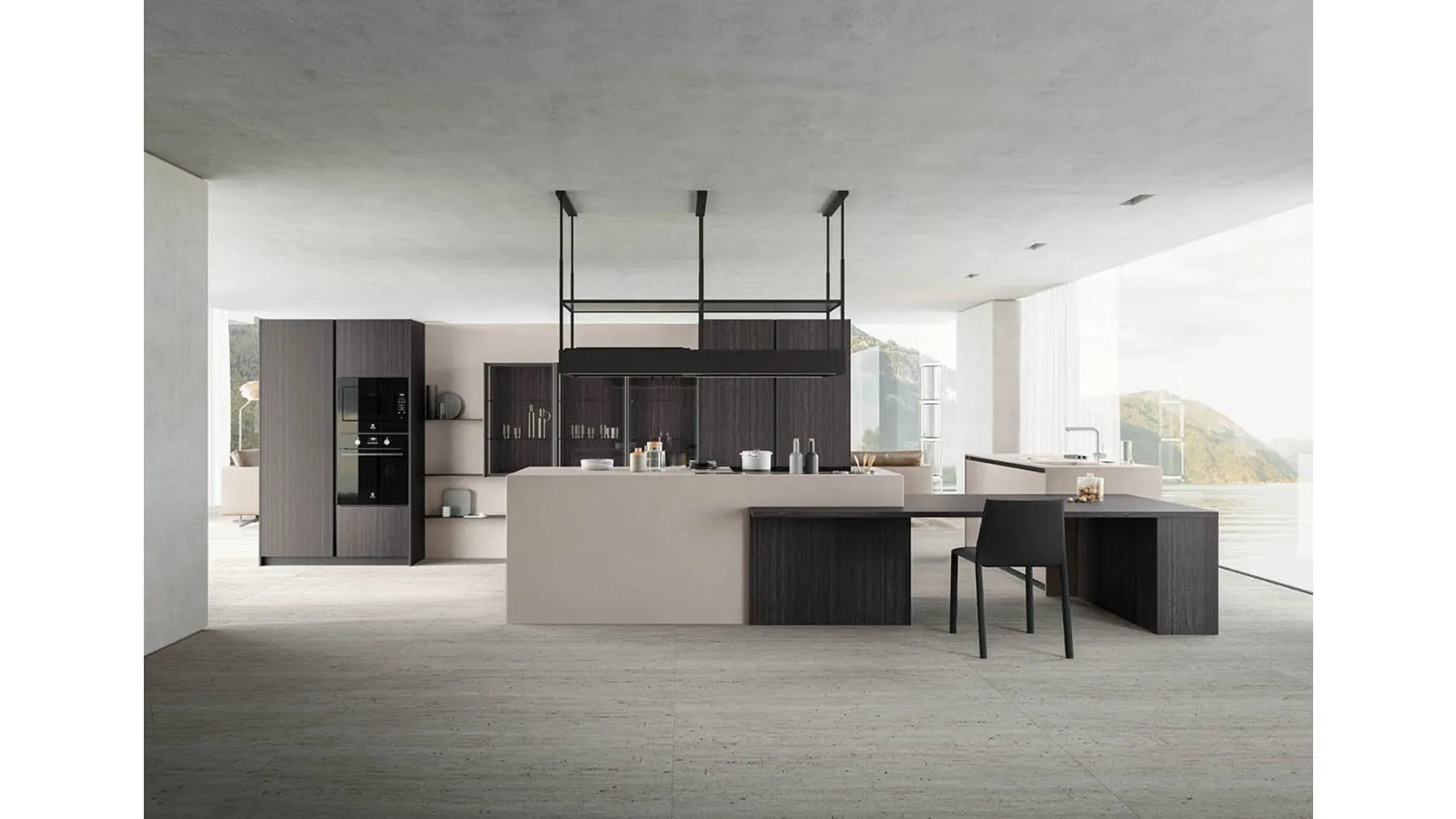 Cucina Moderna con isola angolare Zafferano 03 finitura laminato Fokos e nobilitato Eukalipto fossile di Valdesign