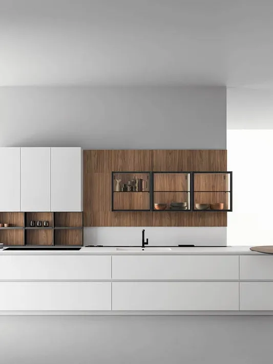 Cucina Moderna in laccato opaco Calce con penisola in Noce naturale Zafferano 04 di Valdesign