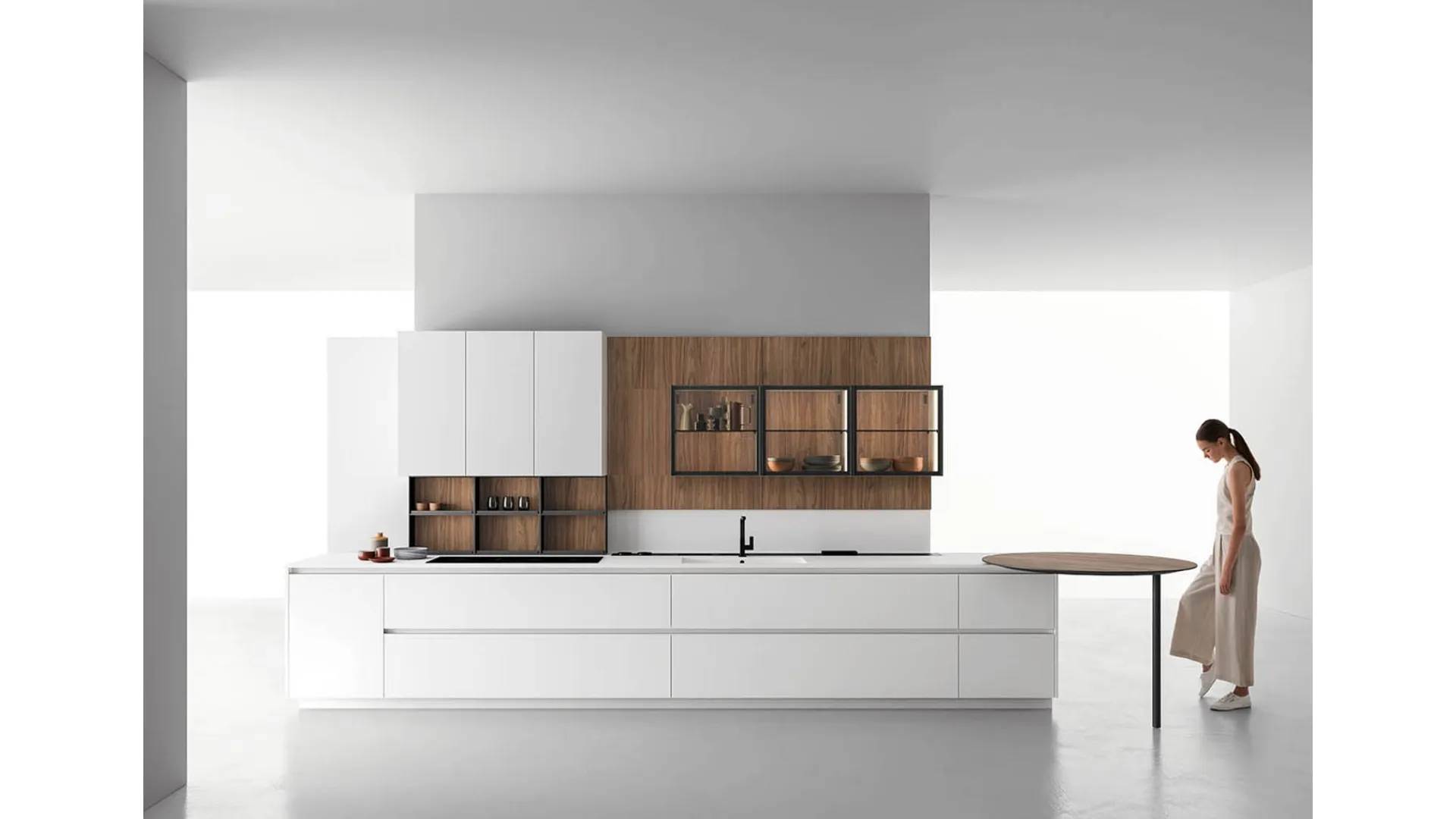 Cucina Moderna in laccato opaco Calce con penisola in Noce naturale Zafferano 04 di Valdesign